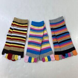 Unisex Toe Socks Set 3 Rainbow Stripes Brown Blue Gray Yellow Black Pink Orange